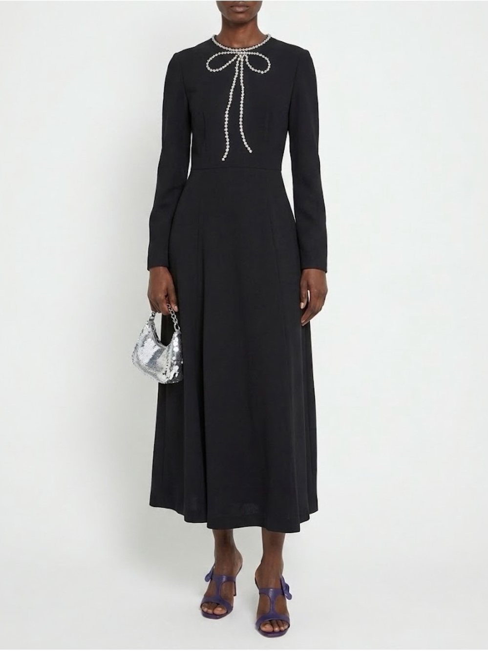 o.p.t Elegant Black Long-Sleeve Midi Dress with Rhinestone Bow Trim